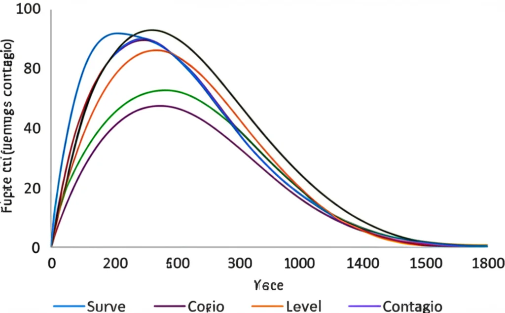 Grafico stilizzato che mostra diverse curve dinamiche nel tempo, rappresentanti la diffusione della solitudine in una popolazione, con colori diversi per diversi meccanismi di contagio (cognitivo, comportamentale, emotivo). Illuminazione controllata, alto dettaglio, obiettivo macro 60mm.