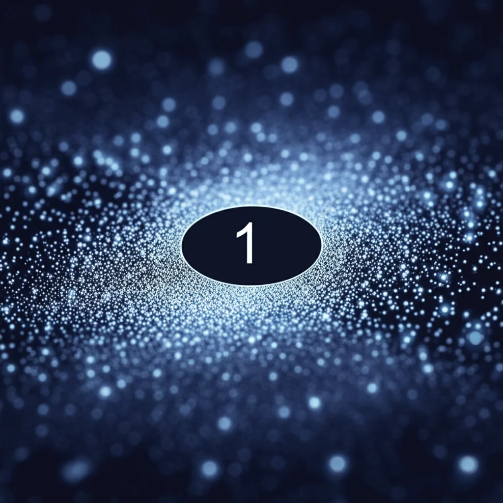 Visualizzazione astratta dello spettro di un operatore matematico, con il numero 1 evidenziato e isolato dagli altri punti sparsi su un piano complesso. Prime lens, 50mm, depth of field, duotone blu e argento per un look scientifico e pulito.