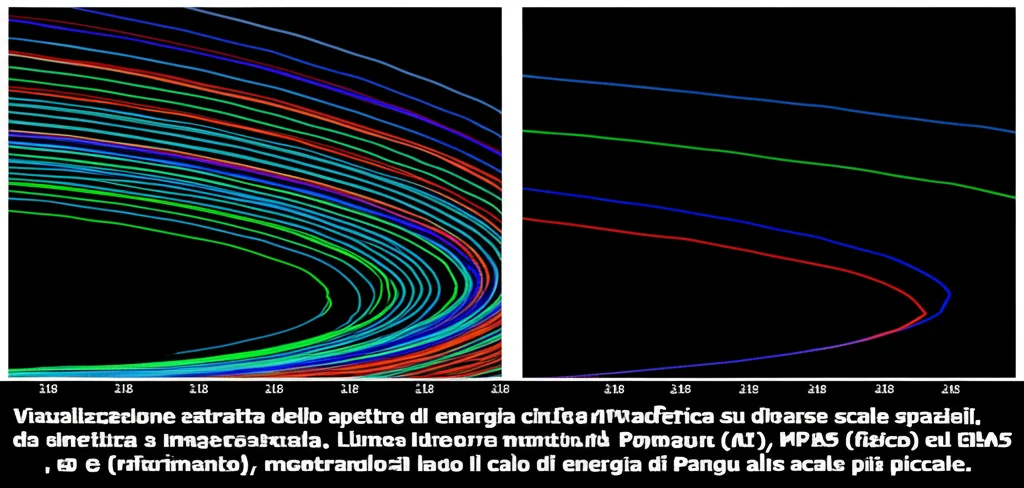 Visualizzazione astratta dello spettro di energia cinetica atmosferica su diverse scale spaziali, da sinottica a mesoscala. Linee colorate rappresentano i modelli Pangu (AI), MPAS (fisico) ed ERA5 (riferimento), mostrando il calo di energia di Pangu alle scale più piccole. Macro lens, 80mm, high detail, controlled lighting.