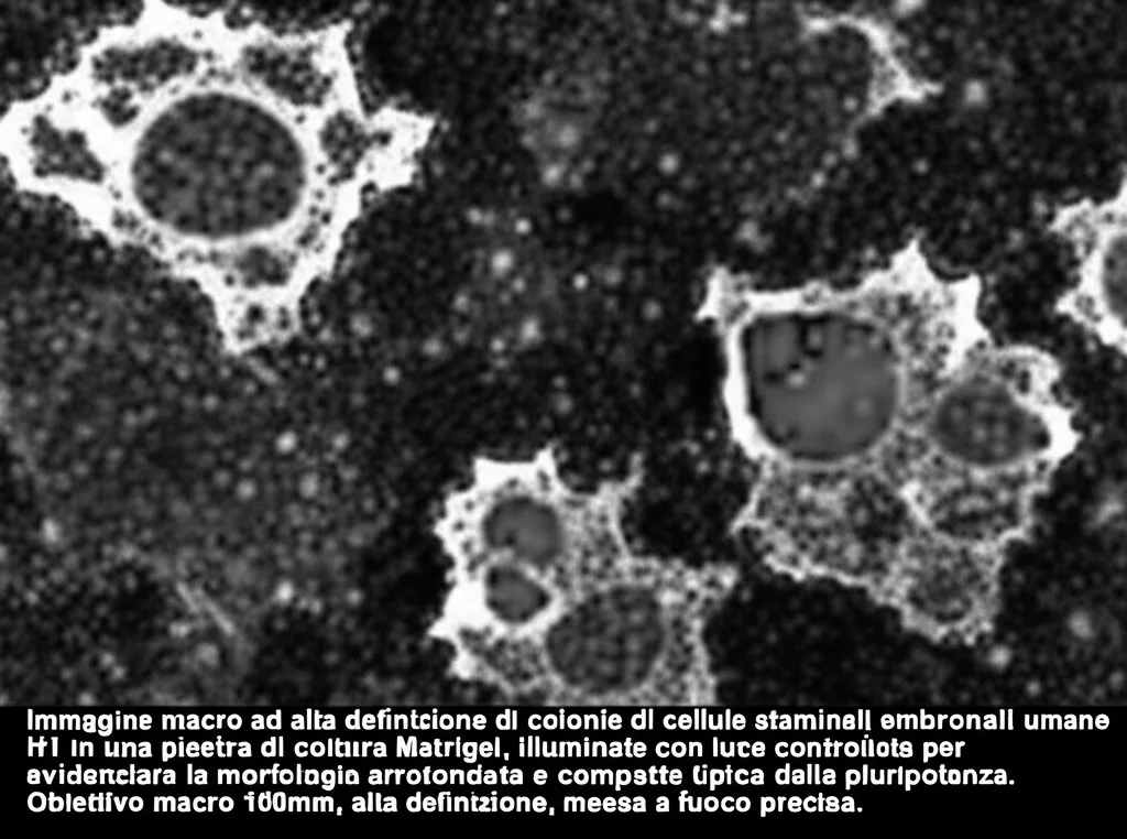 Immagine macro ad alta definizione di colonie di cellule staminali embrionali umane H1 in una piastra di coltura Matrigel, illuminate con luce controllata per evidenziare la morfologia arrotondata e compatta tipica della pluripotenza. Obiettivo macro 100mm, alta definizione, messa a fuoco precisa.