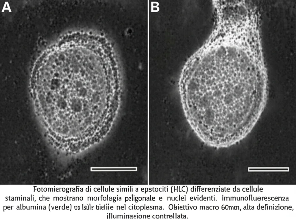 Fotomicrografia di cellule simili a epatociti (HLC) differenziate da cellule staminali, che mostrano morfologia poligonale e nuclei evidenti. Immunofluorescenza per albumina (verde) visibile nel citoplasma. Obiettivo macro 60mm, alta definizione, illuminazione controllata.