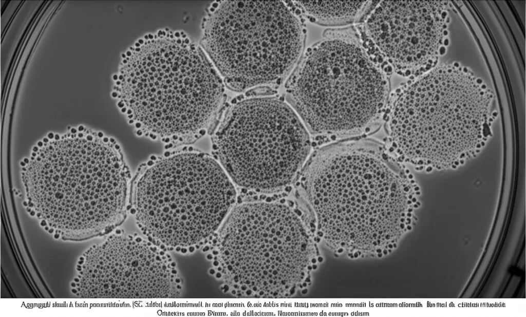 Aggregati simili a isole pancreatiche (SC-islets) tridimensionali in una piastra da coltura, derivati da cellule staminali. Immagine al microscopio che mostra la struttura sferoidale. Obiettivo macro 80mm, alta definizione, illuminazione da campo chiaro.