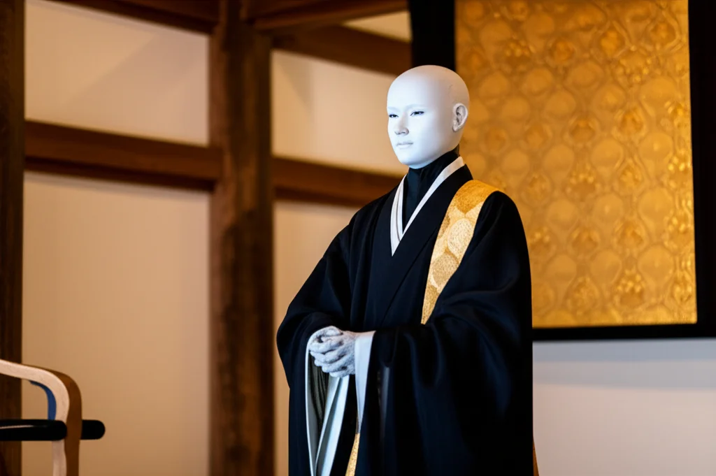 Il monaco androide Mindar del Tempio Kodaiji, aspetto fotorealistico con dettagli robotici sottili, mentre tiene un sermone in una sala del tempio tradizionale giapponese. Obiettivo prime 50mm, luce soffusa, focus sull'interazione tra tecnologia e tradizione.