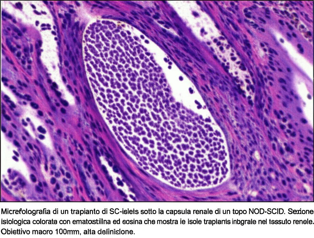 Microfotografia di un trapianto di SC-islets sotto la capsula renale di un topo NOD-SCID. Sezione istologica colorata con ematossilina ed eosina che mostra le isole trapiantate integrate nel tessuto renale. Obiettivo macro 100mm, alta definizione.