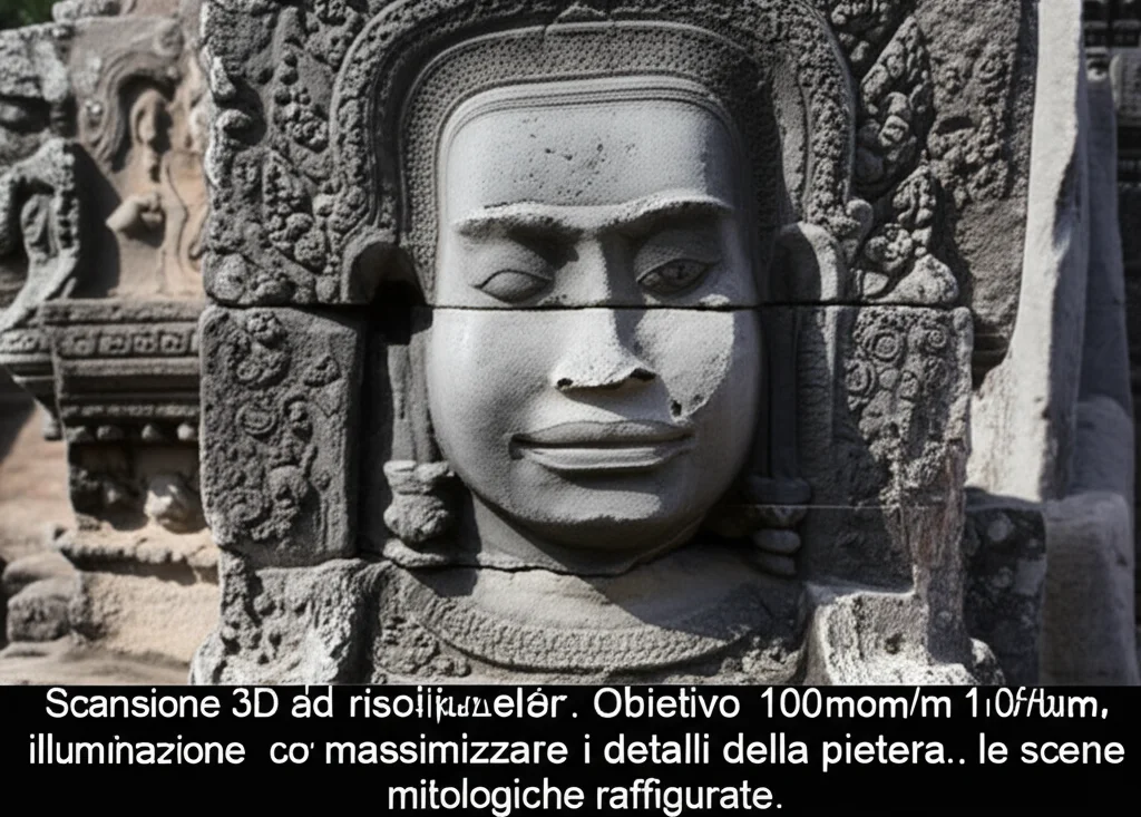 Scansione 3D ad alta risoluzione di un bassorilievo intricato di Angkor Wat. Obiettivo macro 100mm, alta definizione, illuminazione controllata per massimizzare i dettagli della pietra scolpita e le scene mitologiche raffigurate.