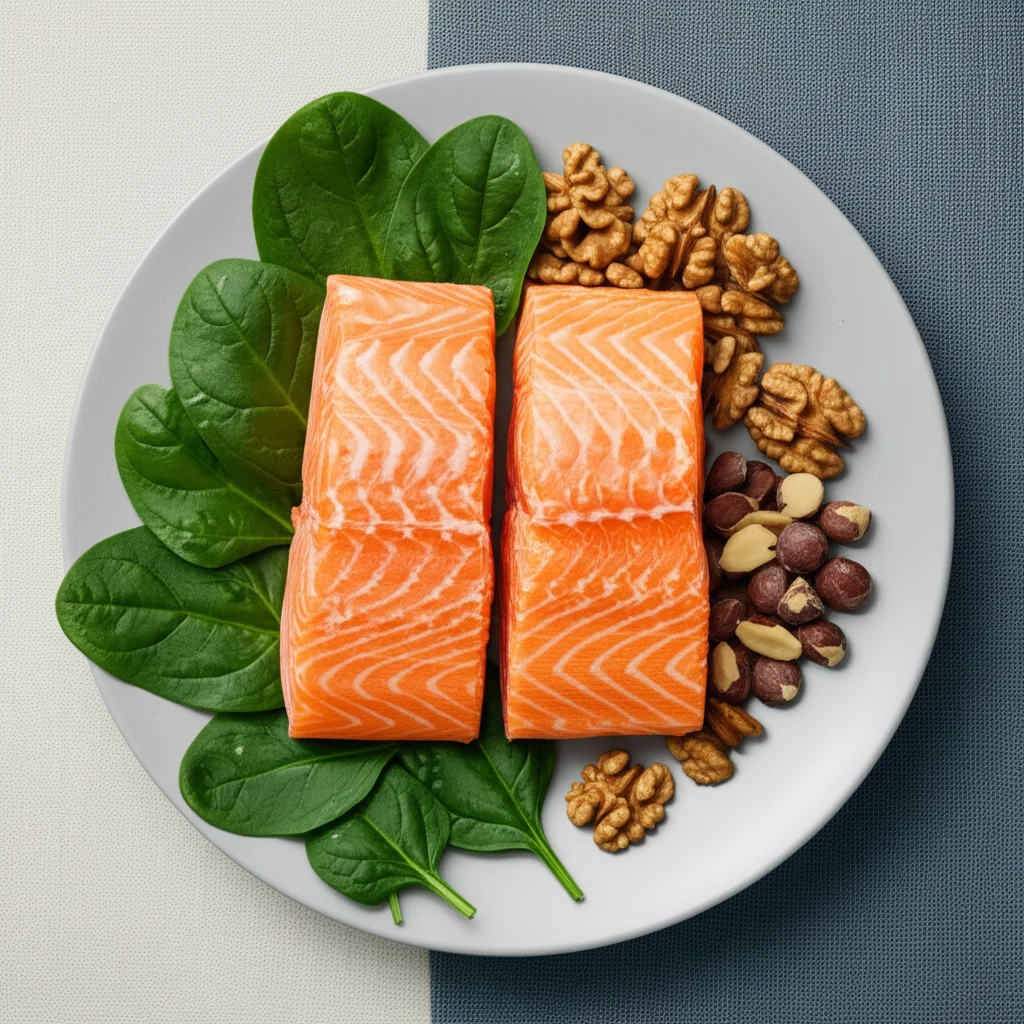 Fotografia still life di un piatto diviso a metà: da un lato cibi pro-infiammatori come hamburger, patatine fritte e una bibita gassata; dall'altro cibi anti-infiammatori come salmone, spinaci freschi, mirtilli e noci. Lente macro 100mm, alta definizione, illuminazione controllata per evidenziare i dettagli e i colori contrastanti.