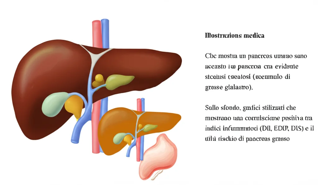 Illustrazione medica che mostra un pancreas umano sano accanto a un pancreas con evidente steatosi (accumulo di grasso giallastro). Sullo sfondo, grafici stilizzati che mostrano una correlazione positiva tra indici infiammatori (DII, EDIP, DIS) e il rischio di pancreas grasso. Alta definizione, stile pulito e informativo.