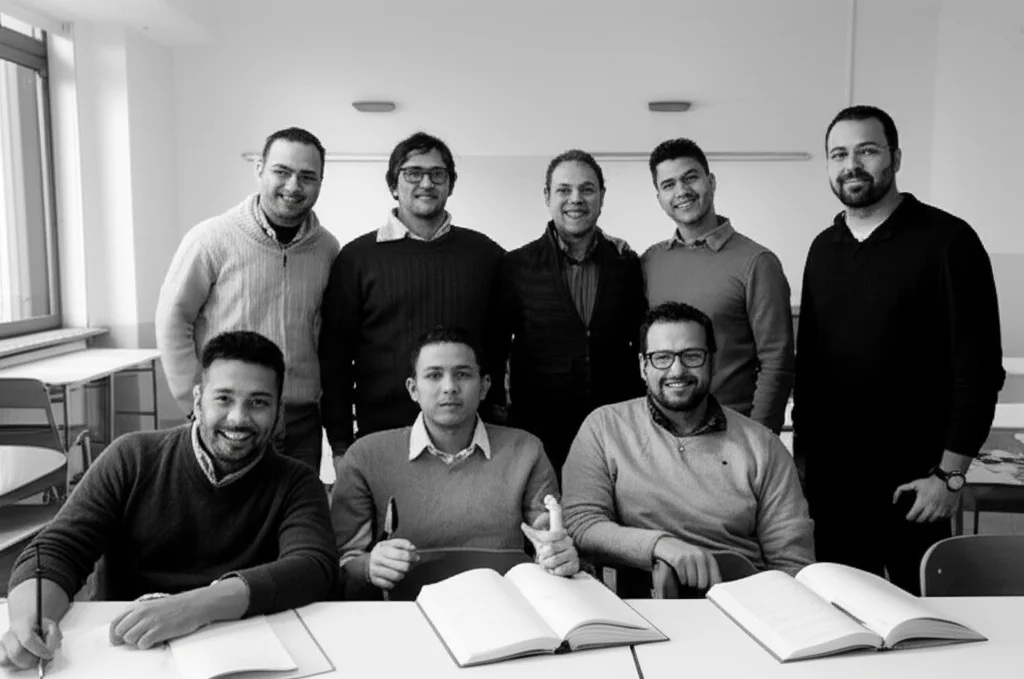 Fotografia di ritratto di un gruppo eterogeneo di studenti adulti in un'aula luminosa, stile documentaristico, obiettivo 35mm, alcuni sorridono apertamente, altri più timidamente, profondità di campo, bianco e nero.