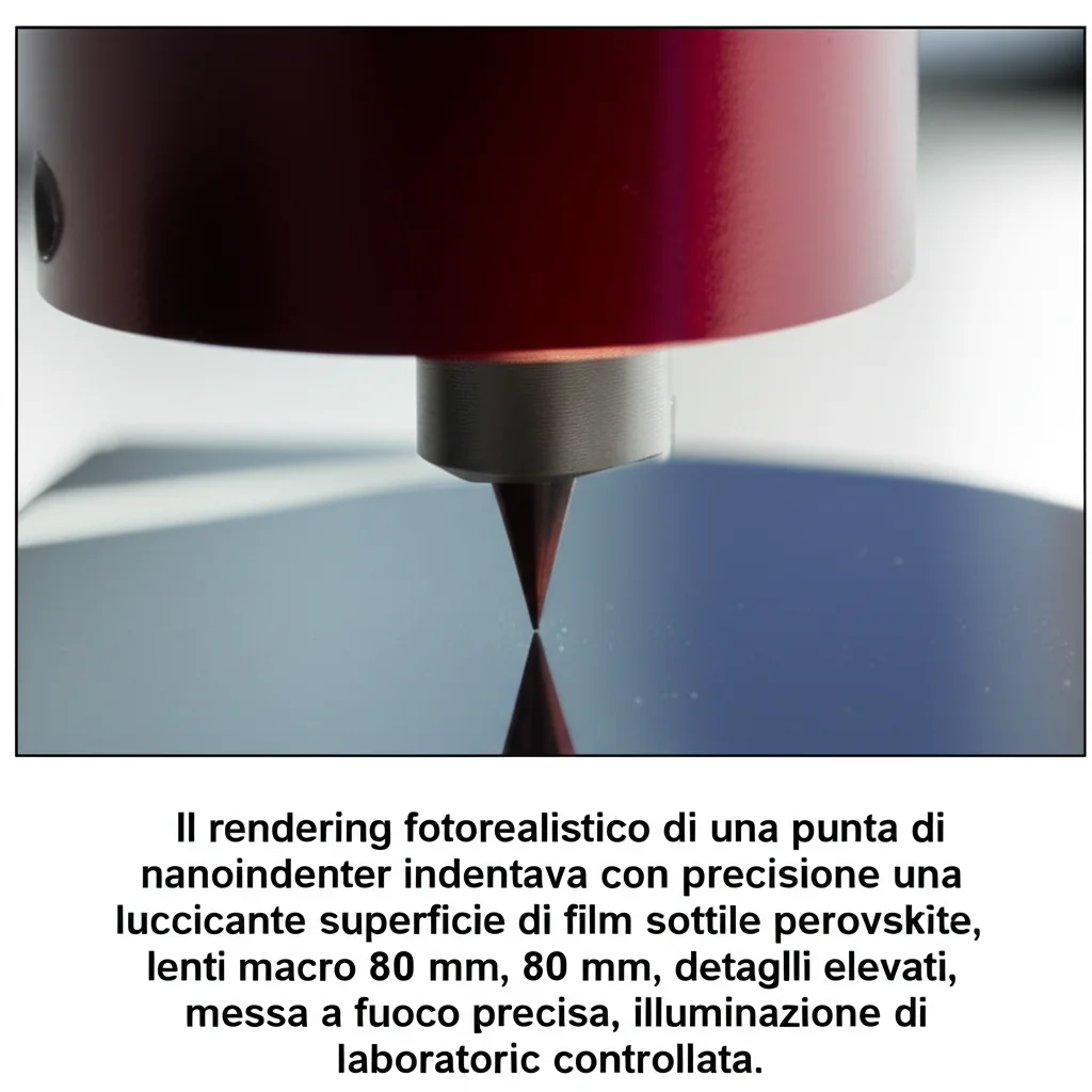 Il rendering fotorealistico di una punta di nanoindenter indentava con precisione una luccicante superficie di film sottile perovskite, lenti macro 80 mm, dettagli elevati, messa a fuoco precisa, illuminazione di laboratorio controllata.