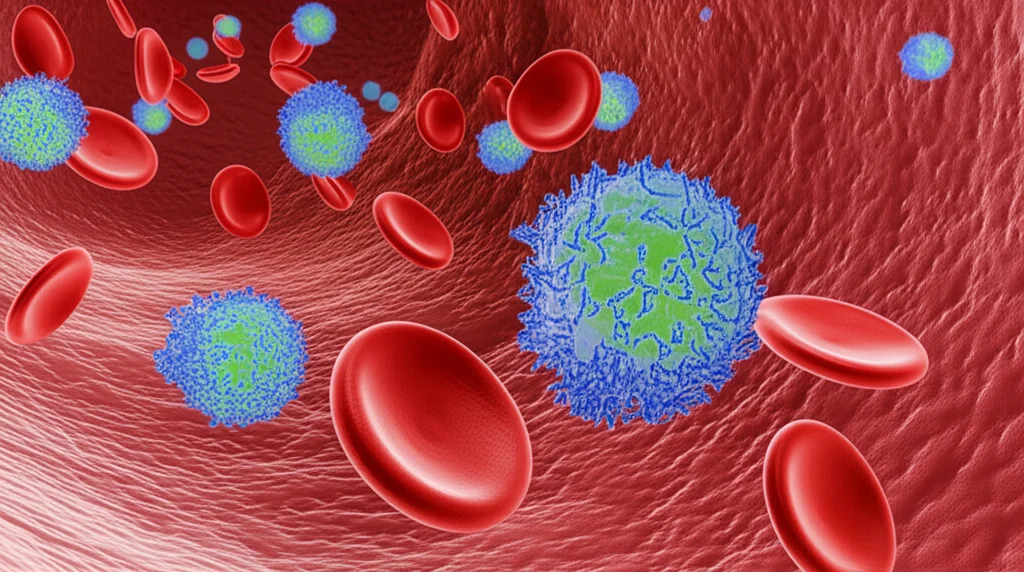 Immagine macro di globuli rossi che scorrono in un vaso sanguigno cerebrale, con alcune molecole di transferrina (proteine trasportatrici) visibili. Obiettivo macro 100mm, illuminazione controllata, alta definizione per mostrare dettagli cellulari e molecolari.