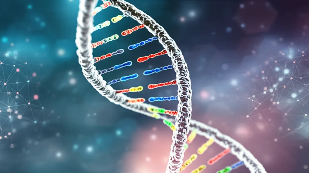 Visualizzazione astratta di una doppia elica del DNA con specifici marcatori genetici (SNP) evidenziati in diversi colori. Sfondo tecnologico sfocato. Profondità di campo per mettere a fuoco i marcatori genetici.