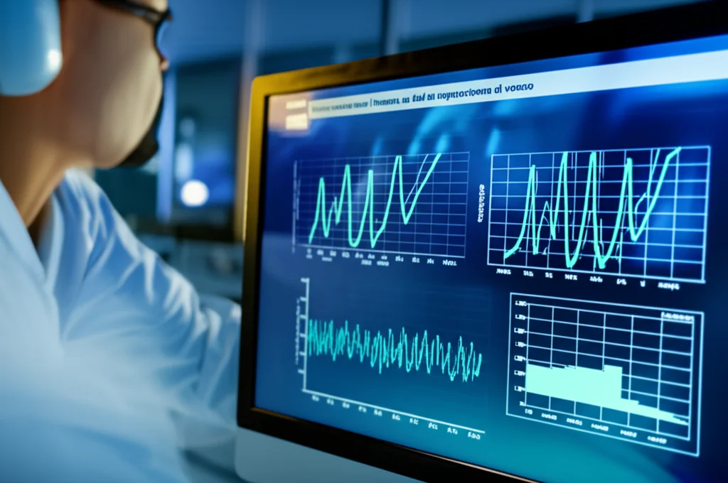 Ricerca medica focalizzata su dati di sopravvivenza al cancro, visualizzazione grafica astratta di statistiche su schermo di computer in un laboratorio moderno, luce controllata, obiettivo macro 100mm, alta definizione.