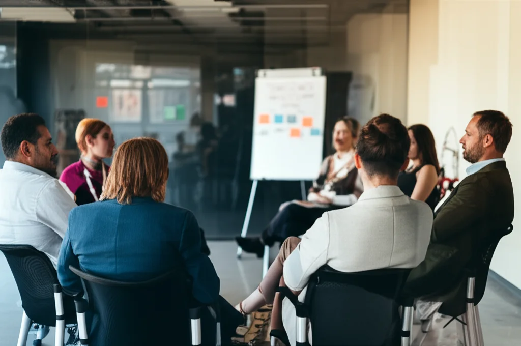 Fotografia di un gruppo eterogeneo di professionisti sanitari (infermieri, medici, dirigenti) in cerchio durante una sessione di brainstorming in una sala riunioni moderna e luminosa, lavagna a fogli mobili con diagrammi sullo sfondo, obiettivo zoom 35mm, focus nitido sui partecipanti attivi, luce naturale controllata.