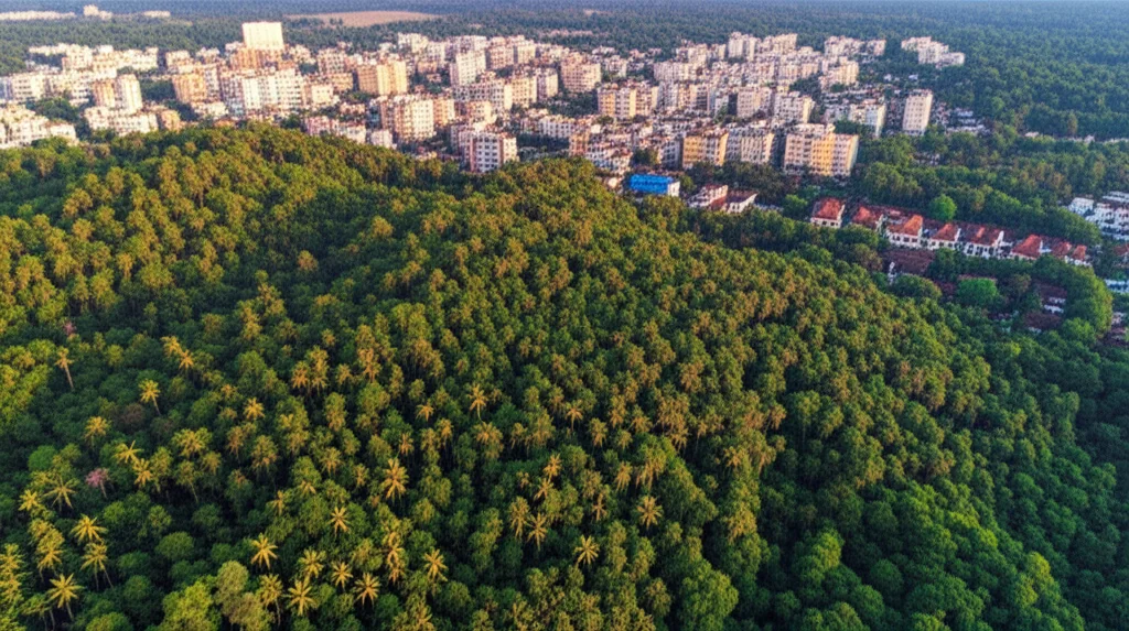 Fotografia aerea, obiettivo grandangolare 20mm, che mostra il contrasto tra una foresta lussureggiante e aree urbane in espansione a Goa, India. Luce del tardo pomeriggio, messa a fuoco nitida sull'interfaccia foresta-città, evidenziando la pressione antropica sull'ecosistema forestale.