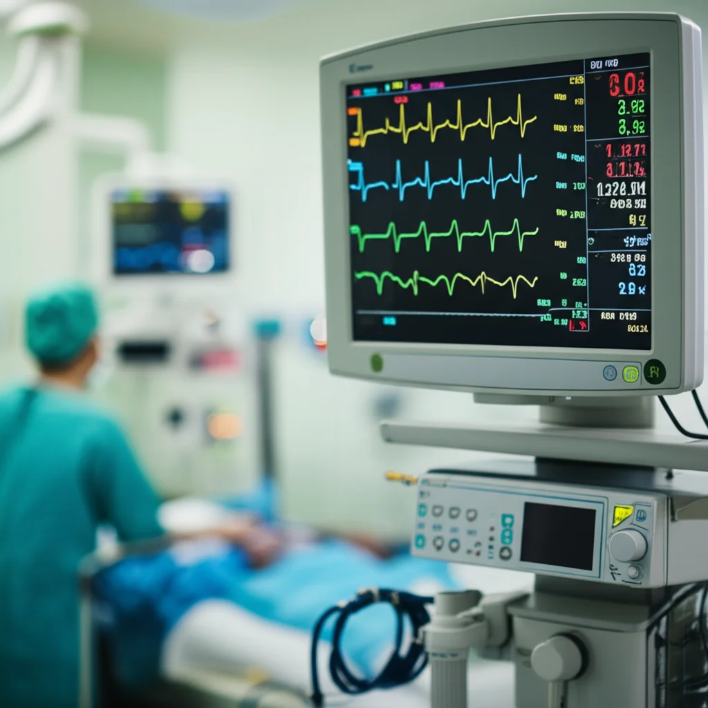 Fotografia macro di un grafico di segni vitali su un monitor medicale in una TIC, con linee luminose e numeri chiari, obiettivo macro 90mm, alta definizione, illuminazione controllata per enfatizzare i dettagli digitali, sfondo leggermente sfocato con attrezzature mediche.