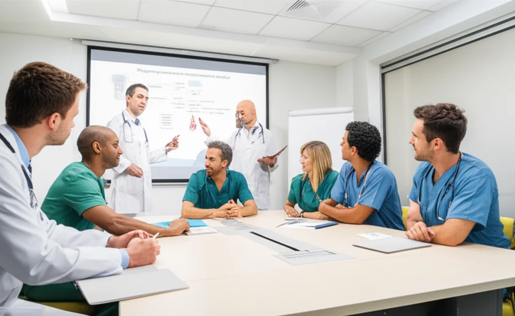 Fotografia grandangolare di un team multidisciplinare (infermieri e medici) che discute attorno a un tavolo in una sala conferenze ospedaliera, proiettore acceso con slide mediche, obiettivo grandangolare 20mm, focus nitido su tutto il gruppo, atmosfera collaborativa e professionale.