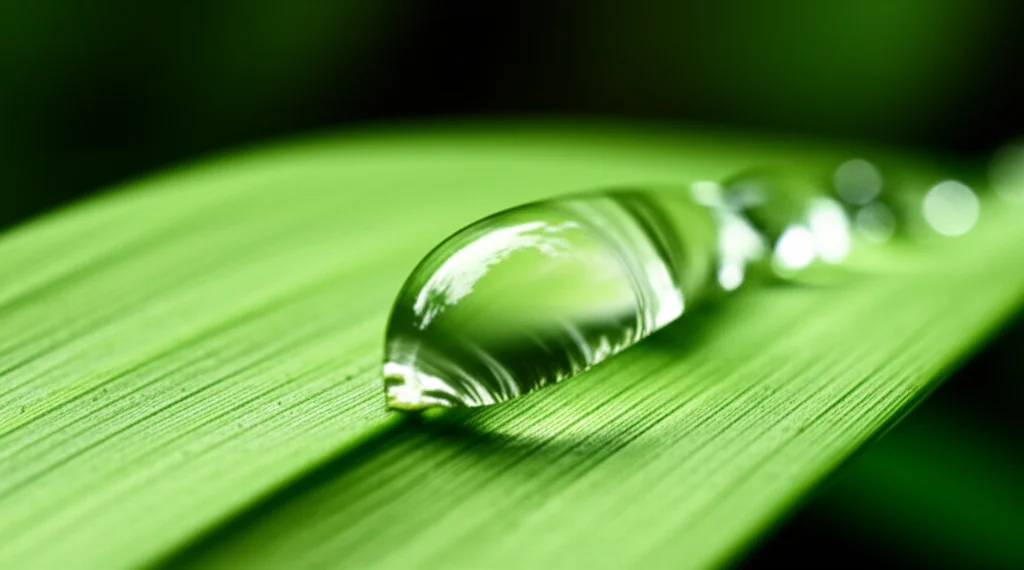 Fotografia macro, obiettivo 90mm, di una goccia d'acqua su una foglia verde brillante in una foresta di Goa. Dettaglio elevato sulla goccia che riflette la foresta circostante, sfondo sfocato (profondità di campo ridotta). Illuminazione naturale filtrata dalla chioma, simbolo della purezza dell'acqua fornita dall'ecosistema.