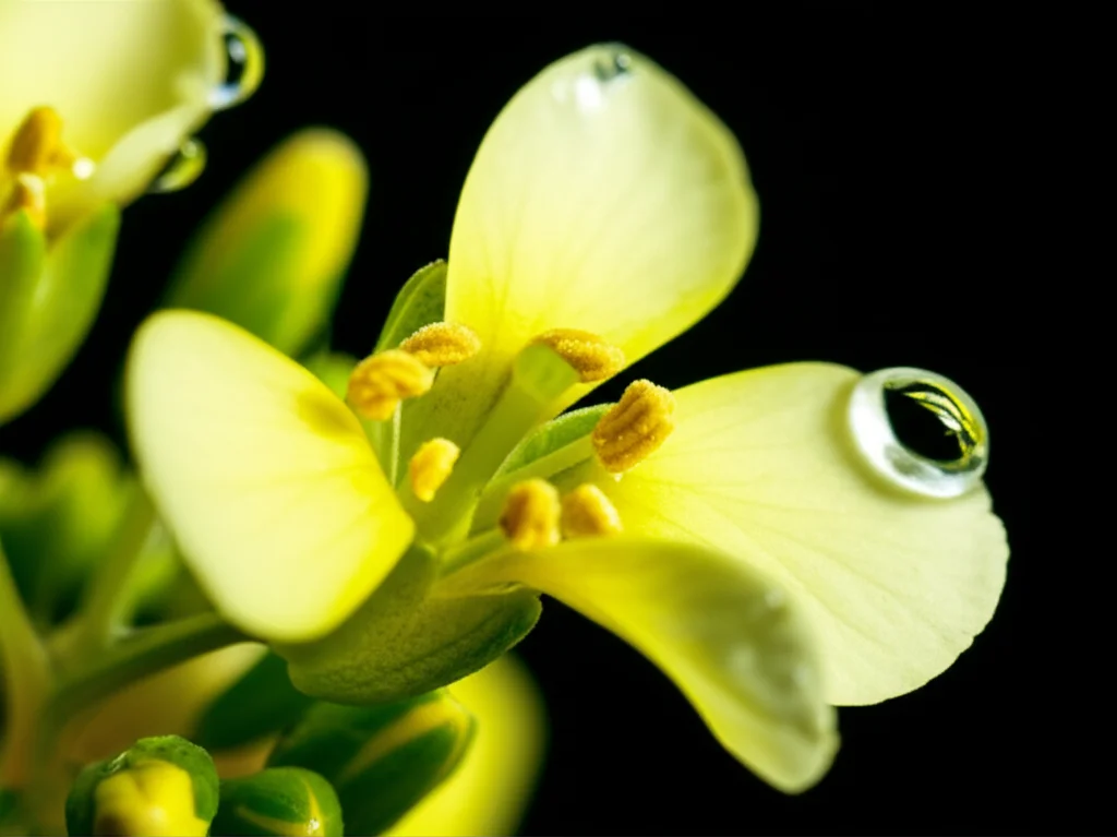 Macro fotografia di fiori di Arabidopsis halleri. Alcuni fiori sono rivolti verso l'alto sotto una luce solare simulata, altri sono rivolti verso il basso con goccioline d'acqua simulate sui petali per rappresentare la pioggia. Obiettivo macro 100mm, alta definizione, messa a fuoco precisa sui dettagli del polline e dello stigma, illuminazione controllata per evidenziare le texture dei petali e le gocce d'acqua.
