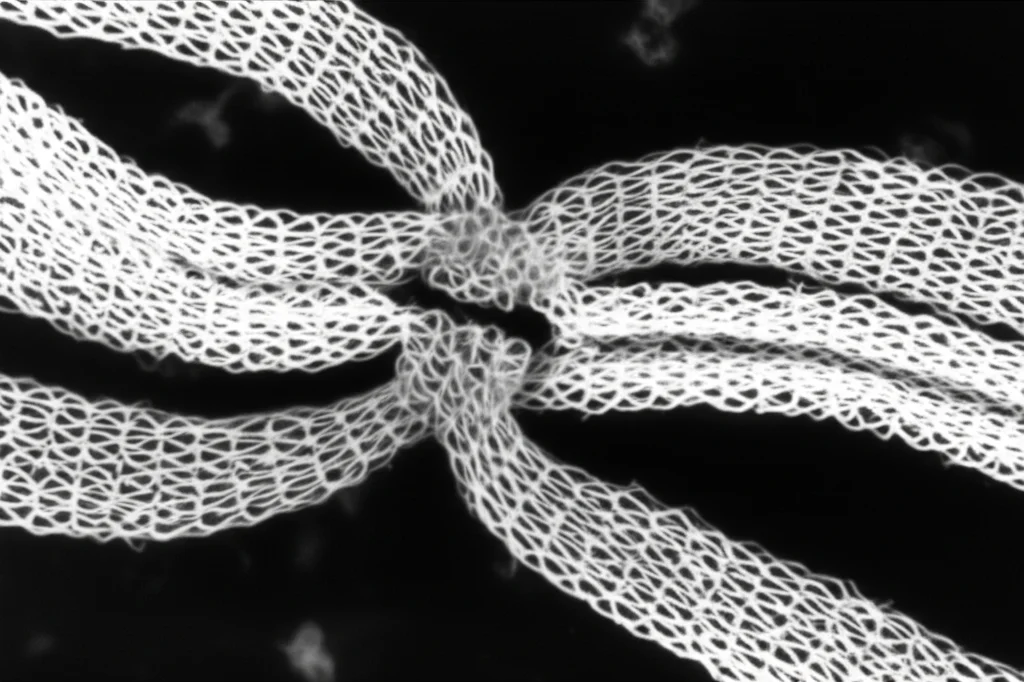 Microscopia elettronica di cromosomi omologhi durante la meiosi, con focus su una giunzione di Holliday visibile come una struttura a X che rappresenta un intermedio di ricombinazione. Illuminazione controllata ad alto contrasto, alta risoluzione dei dettagli cromosomici, obiettivo macro 100mm.