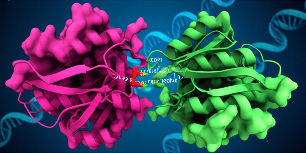 Modello 3D fotorealistico delle proteine EXO1 (struttura prevalentemente rosa/magenta) e MSH4 (verde chiaro) che interagiscono strettamente. Focus sui residui chiave W371 in EXO1 e Y244 in MSH4 nel punto di contatto, evidenziati con colori brillanti. Sfondo astratto blu scuro con filamenti di DNA stilizzati. Illuminazione da studio che enfatizza le forme, alta precisione dei dettagli molecolari.