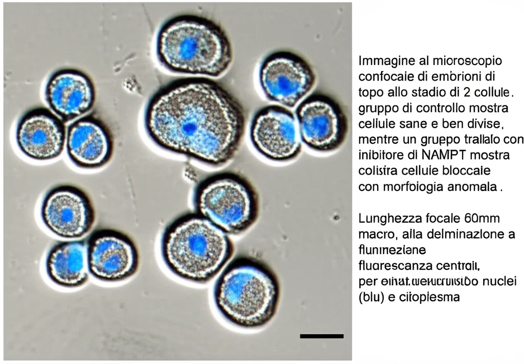 Immagine al microscopio confocale di embrioni di topo allo stadio di 2 cellule. Un gruppo di controllo mostra cellule sane e ben divise, mentre un gruppo trattato con inibitore di NAMPT mostra cellule bloccate o con morfologia anomala. Lunghezza focale 60mm macro, alta definizione, illuminazione a fluorescenza controllata per evidenziare nuclei (blu) e citoplasma.