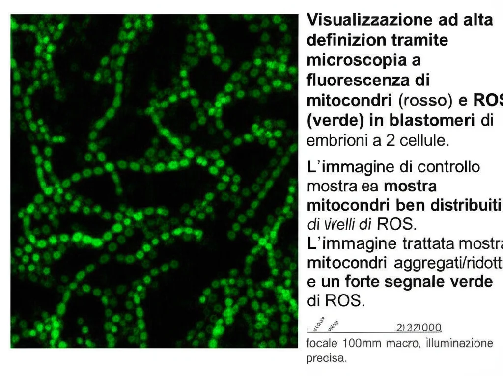 Visualizzazione ad alta definizione tramite microscopia a fluorescenza di mitocondri (rosso) e ROS (verde) in blastomeri di embrioni a 2 cellule. L'immagine di controllo mostra mitocondri ben distribuiti e bassi livelli di ROS. L'immagine trattata mostra mitocondri aggregati/ridotti e un forte segnale verde di ROS. Lunghezza focale 100mm macro, illuminazione precisa.