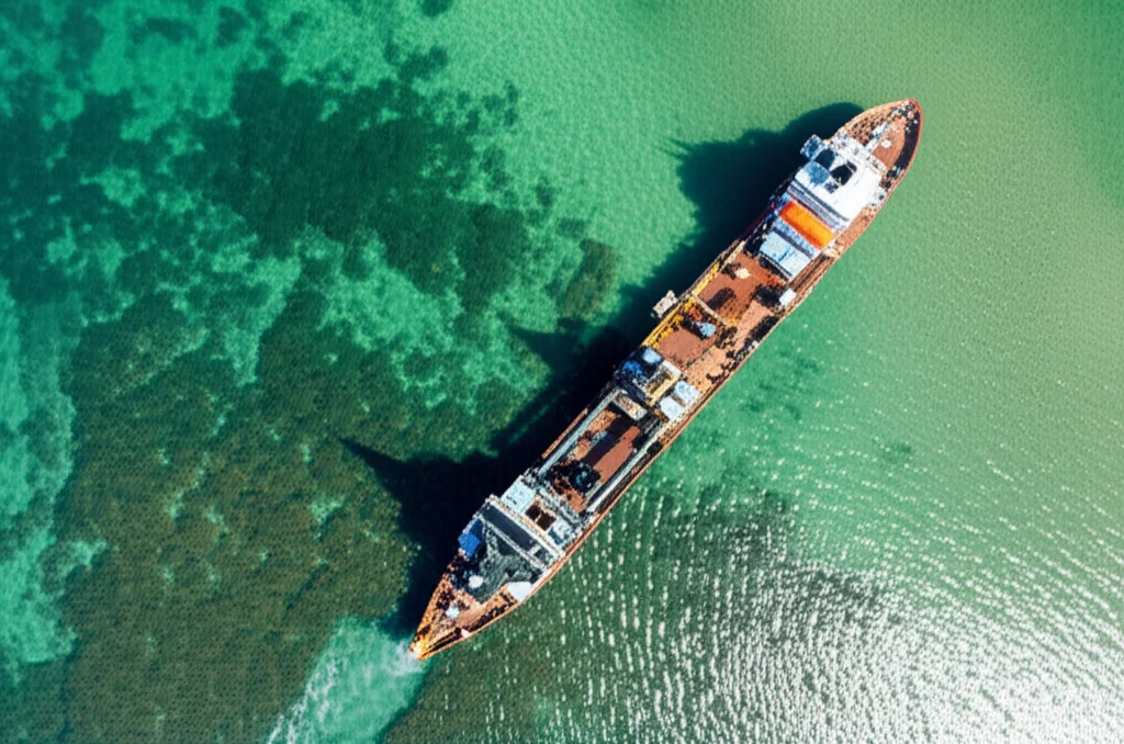 Vista aerea di una costa con una draga che opera vicino a una zona di prateria sottomarina visibile sotto l'acqua chiara. Wide-angle 24mm, luce diurna, contrasto tra attività industriale e natura.
