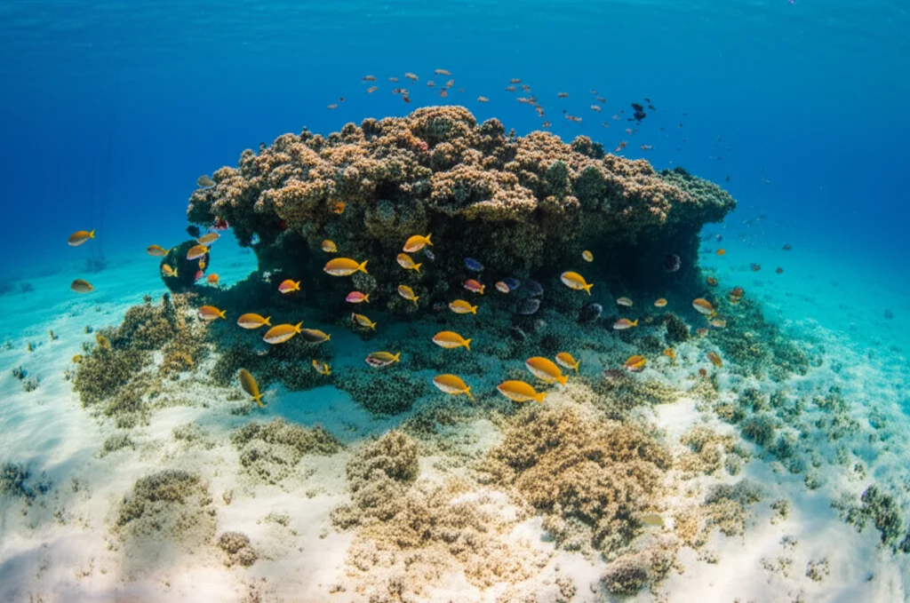 Paesaggio sottomarino ampio e diversificato, wide-angle 15mm, lunga esposizione per acqua calma, mostra una prateria di posidonia che confina con una zona sabbiosa e una piccola barriera corallina, con pesci che nuotano tra gli habitat. Simbolo di un approccio a livello di paesaggio marino.