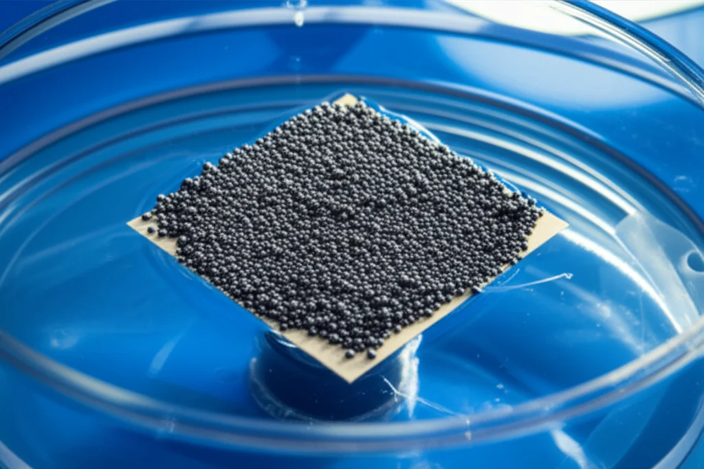 Visualizzazione ravvicinata, stile still life, del fotocatalizzatore ibrido TiO2 galleggiante sull'acqua insieme a pezzi di plastica PE. La luce solare colpisce la superficie creando riflessi. Obiettivo macro 70mm, messa a fuoco precisa sui dettagli del catalizzatore e dell'interfaccia acqua-aria-plastica.