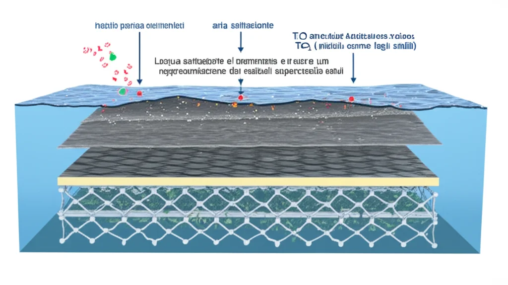 Immagine concettuale fotorealistica dell'interfaccia a quattro fasi: particelle di catalizzatore ibrido TiO2 (visibili come fogli sottili) a contatto con frammenti di plastica, l'acqua sottostante e l'aria sovrastante, con una rappresentazione stilizzata dei radicali superossido attivi. Obiettivo macro 100mm, alta definizione, illuminazione drammatica.
