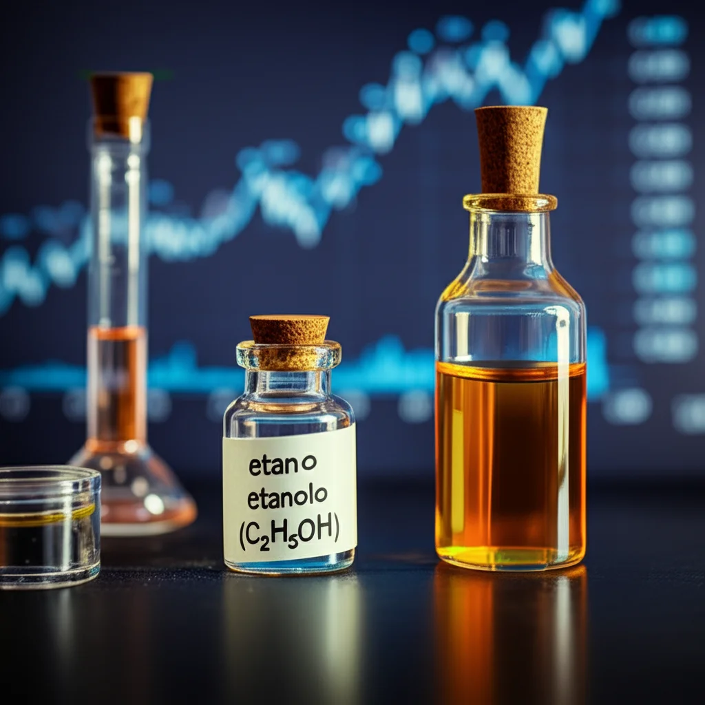 Fotografia still life di fiale di vetro contenenti i prodotti liquidi della fotoriformazione della plastica, con etanolo (C2H5OH) evidenziato. Sullo sfondo, un grafico sfocato che mostra i tassi di rendimento. Obiettivo macro 60mm, illuminazione da laboratorio controllata, alta definizione dei liquidi.