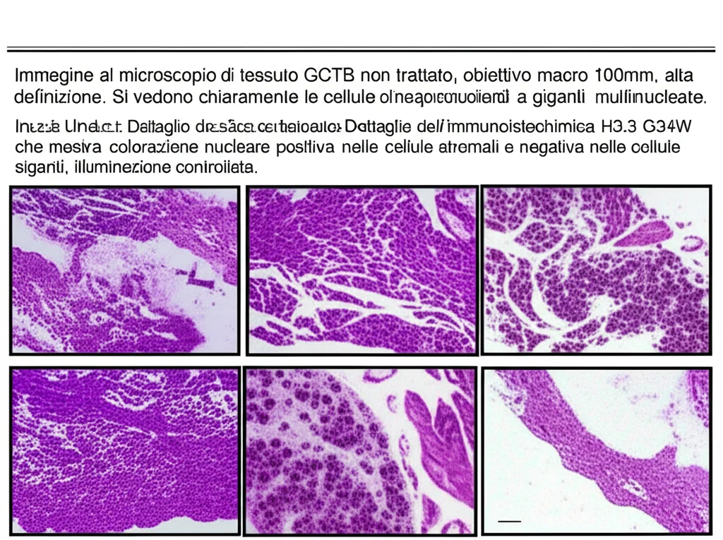 Immagine al microscopio di tessuto GCTB non trattato, obiettivo macro 100mm, alta definizione. Si vedono chiaramente le cellule stromali mononucleate neoplastiche mescolate a grandi cellule giganti multinucleate simili a osteoclasti. Inset: Dettaglio dell'immunoistochimica H3.3 G34W che mostra colorazione nucleare positiva nelle cellule stromali e negativa nelle cellule giganti, illuminazione controllata.