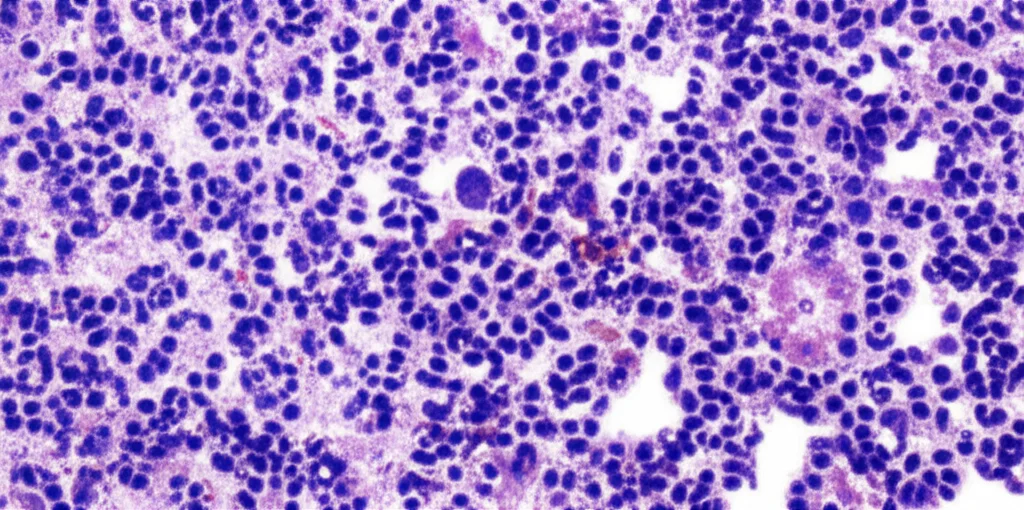 Immagine macro di cellule di epatocarcinoma visualizzate al microscopio, 100mm Macro lens, alta definizione, illuminazione controllata per evidenziare la struttura cellulare.