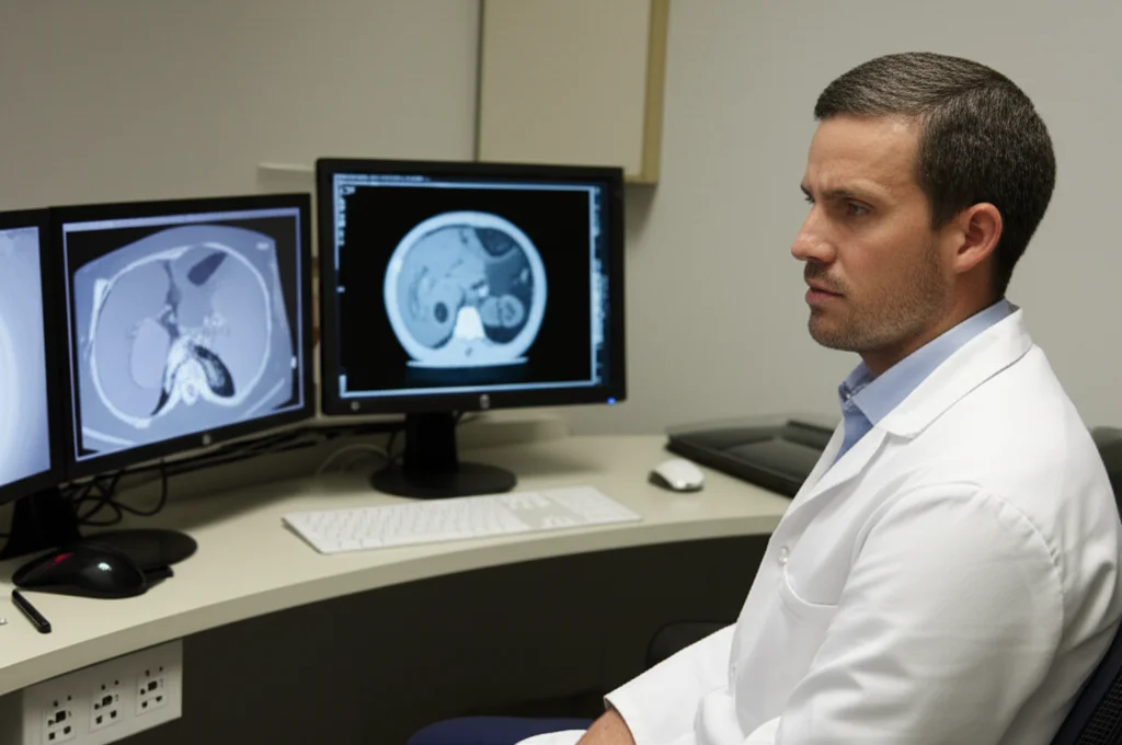 Ritratto di un radiologo esperto che analizza attentamente una scansione TC del fegato su un monitor ad alta definizione in una sala di lettura scarsamente illuminata, 35mm portrait, profondità di campo, luce soffusa proveniente dallo schermo.