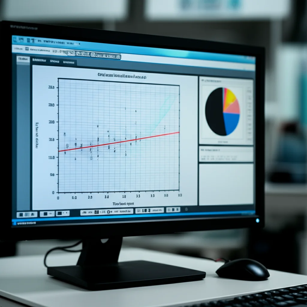 Grafico Bland-Altman complesso visualizzato su uno schermo di computer in un ambiente di ricerca medica high-tech, wide-angle 24mm, messa a fuoco nitida sul grafico, sfondo con attrezzature mediche leggermente sfocato.