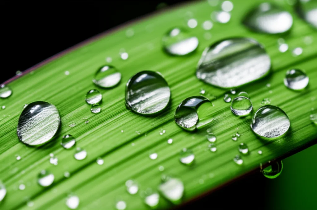 Fotografia macro di gocce di pioggia su una foglia verde brillante, simbolo della crescita e della vita ma anche della potenziale vulnerabilità, obiettivo macro 100mm, alta definizione, illuminazione naturale soffusa.