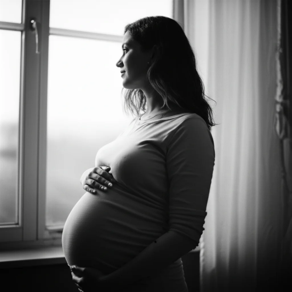 Ritratto di una donna incinta che guarda fuori da una finestra con espressione serena ma riflessiva, 35mm, luce naturale morbida, bianco e nero con leggera grana della pellicola, profondità di campo media.