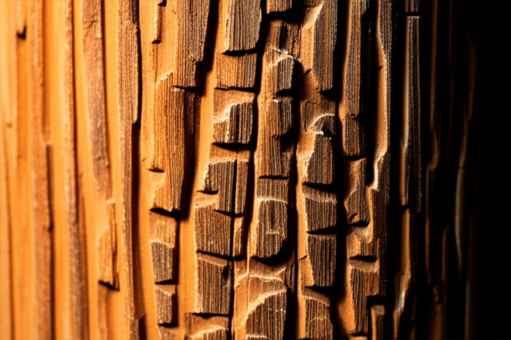 Fotografia macro di un dettaglio ligneo intagliato di una colonna in un antico tempio cinese, obiettivo 100mm macro, alta definizione, illuminazione laterale controllata per esaltare la texture e l'usura del legno.