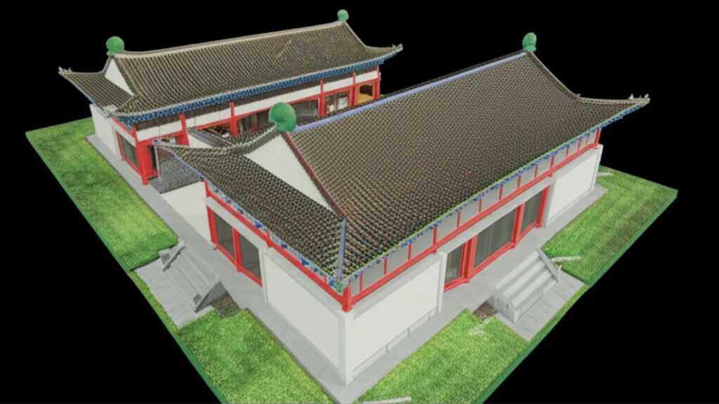 Visualizzazione 3D di una nuvola di punti segmentata semanticamente di un antico edificio cinese. Diverse parti come tetto (rosso), colonne (blu), muri (verde) sono colorate. Grandangolo 18mm, messa a fuoco nitida.