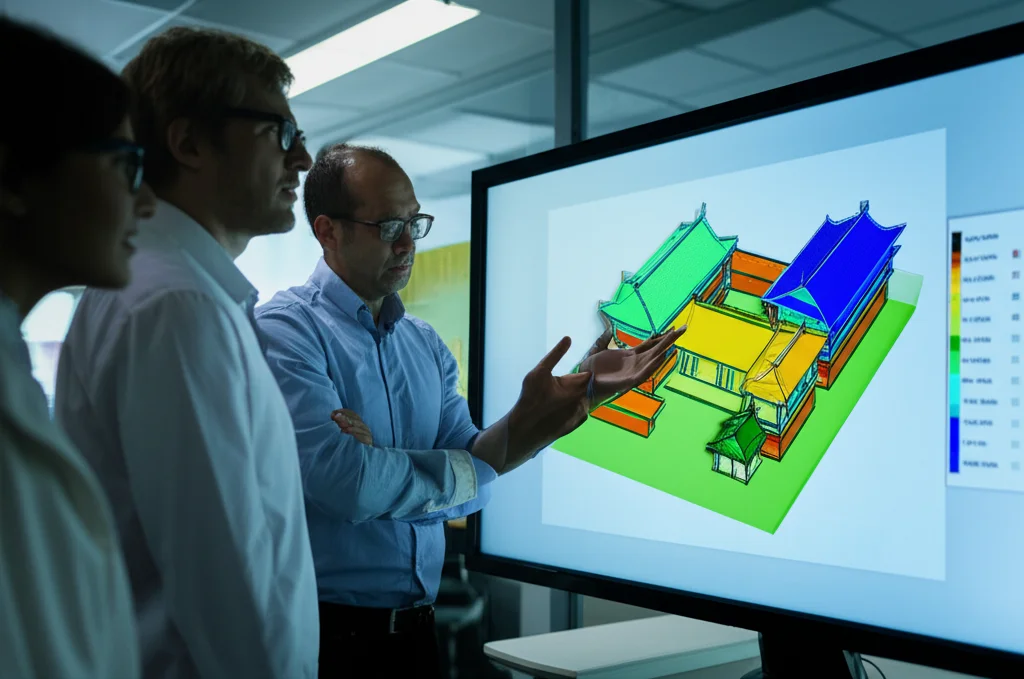 Fotografia di un team di ricercatori che discute davanti a uno schermo che mostra modelli 3D colorati e segmentati di architetture antiche cinesi, obiettivo 35mm, profondità di campo ridotta per focalizzare sui ricercatori, ambiente di laboratorio high-tech.