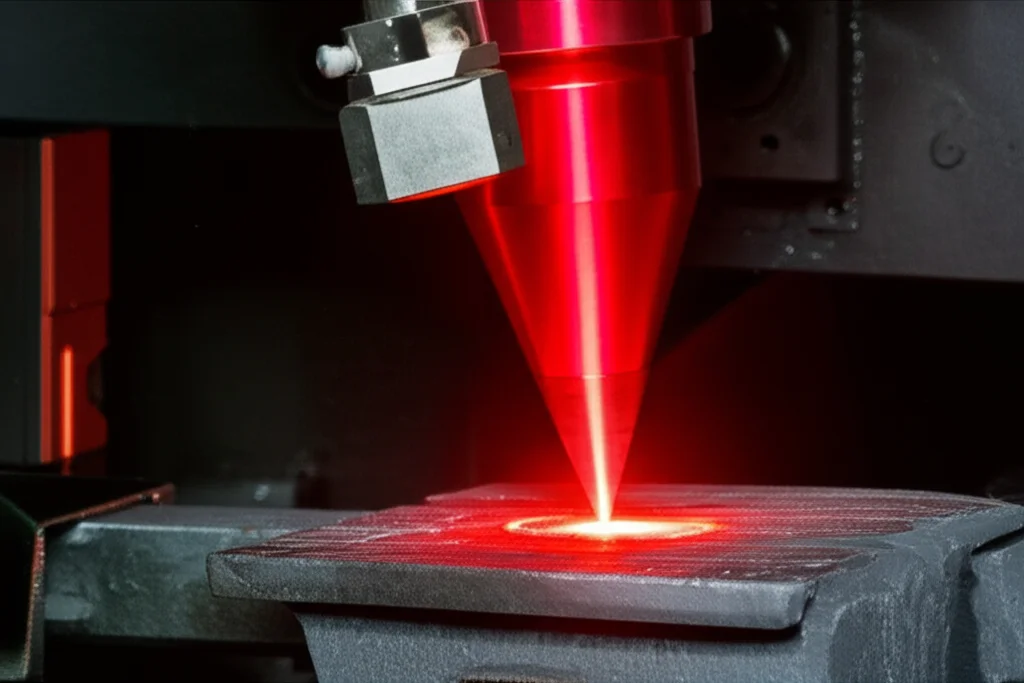 Immagine macro ad alta definizione di un processo di laser cladding in corso, con il raggio laser focalizzato che fonde polvere metallica su una superficie di ghisa, illuminazione controllata per evidenziare le scintille e il bagno fuso, obiettivo macro 90mm.