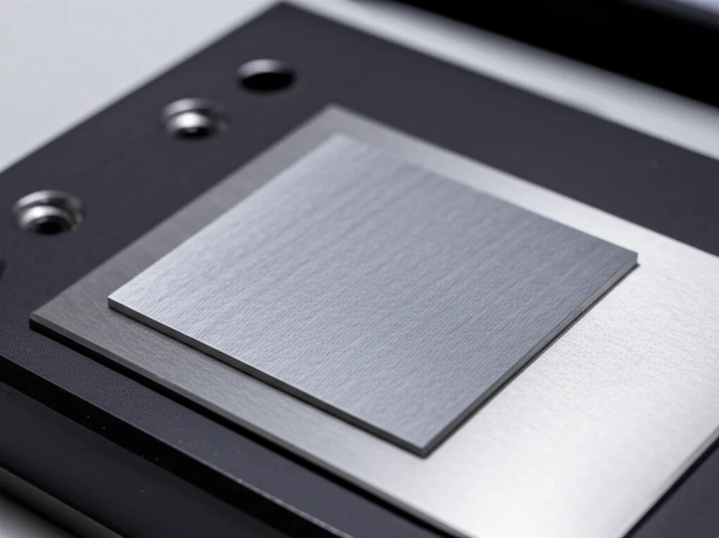 Fotografia still life di un campione metallico lucidato post-laser cladding su un supporto da laboratorio, pronto per il test di microdurezza o analisi XRD, illuminazione controllata e dettagli nitidi, obiettivo macro 100mm.