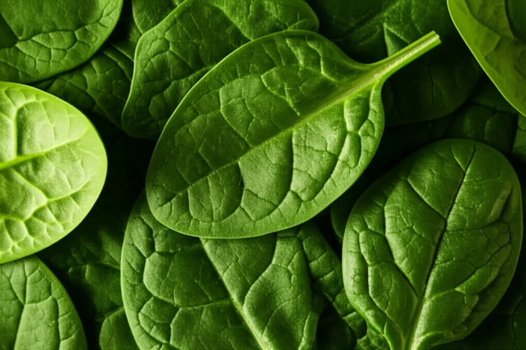 Primo piano macro di foglie di spinaci freschi e cavolo riccio, illuminazione controllata per evidenziare i dettagli e la freschezza, obiettivo macro 100mm, alta definizione.