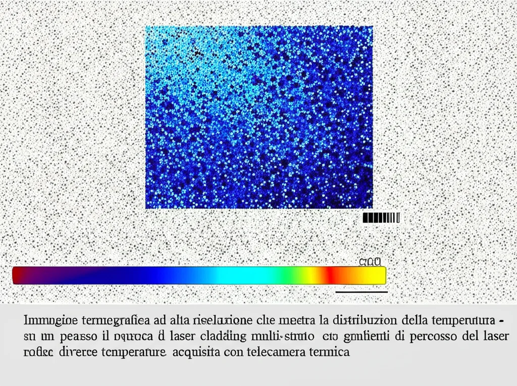 Immagine termografica ad alta risoluzione che mostra la distribuzione della temperatura su un pezzo durante il processo di laser cladding multi-strato, con punti caldi evidenti nel percorso del laser e gradienti di colore che indicano diverse temperature, acquisita con telecamera termica.