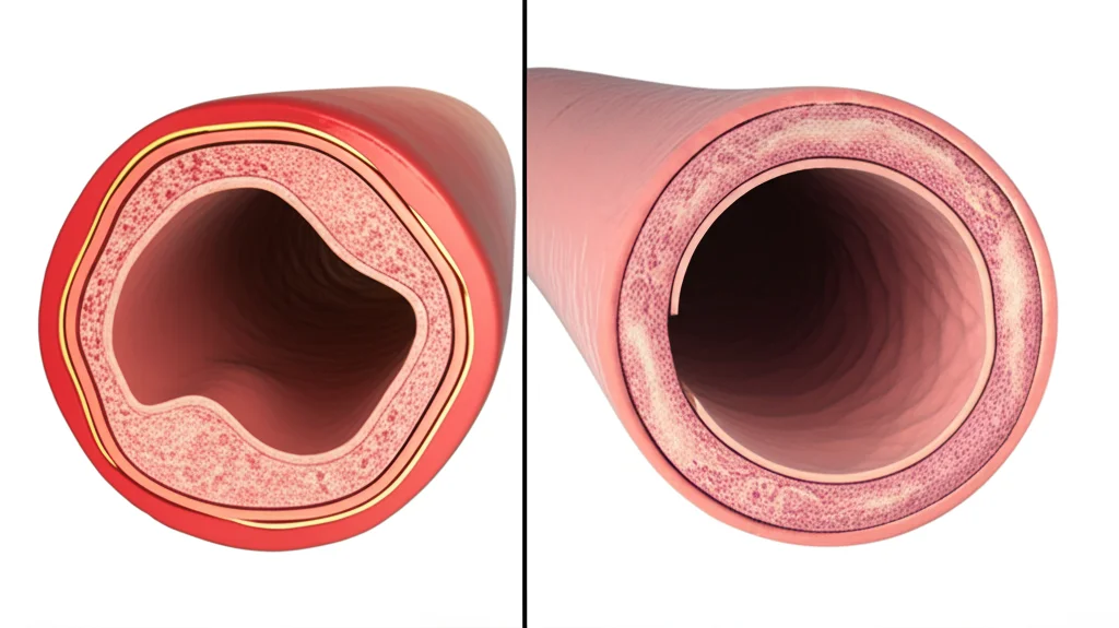 Visualizzazione medica astratta che mostra una sezione trasversale di un'arteria carotide sana accanto a una con segni iniziali di ispessimento dell'intima-media, illuminazione drammatica, dettagli elevati.