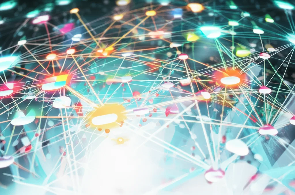 Immagine fotorealistica di un diagramma di rete complesso e astratto, visualizzato su uno schermo olografico futuristico. Nodi luminosi di diversi colori rappresentano varie metriche (centralità, sicurezza, dinamica), con alcuni nodi particolarmente brillanti che indicano un'alta Security Centrality. Stile: Macro lens, 85mm, high detail, precise focusing, controlled lighting soffusa, sfondo tecnologico scuro.