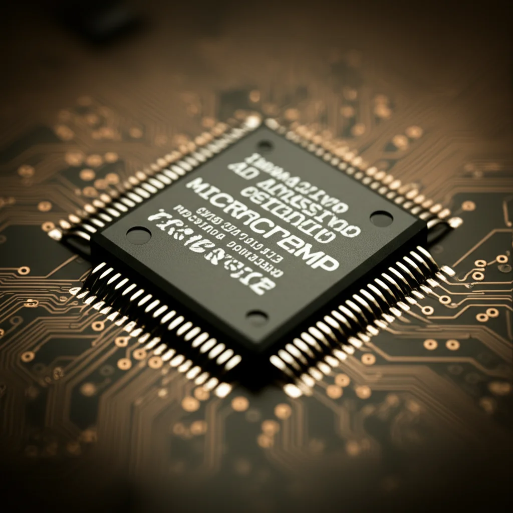 Immagine macro ad altissimo dettaglio di un microchip complesso accanto a una cellula nervosa stilizzata, simboleggiando il confine sfumato tra determinismo fisico/teorico e capacità cognitive/pratiche. Obiettivo macro 90mm, illuminazione controllata per evidenziare texture e dettagli minuti.