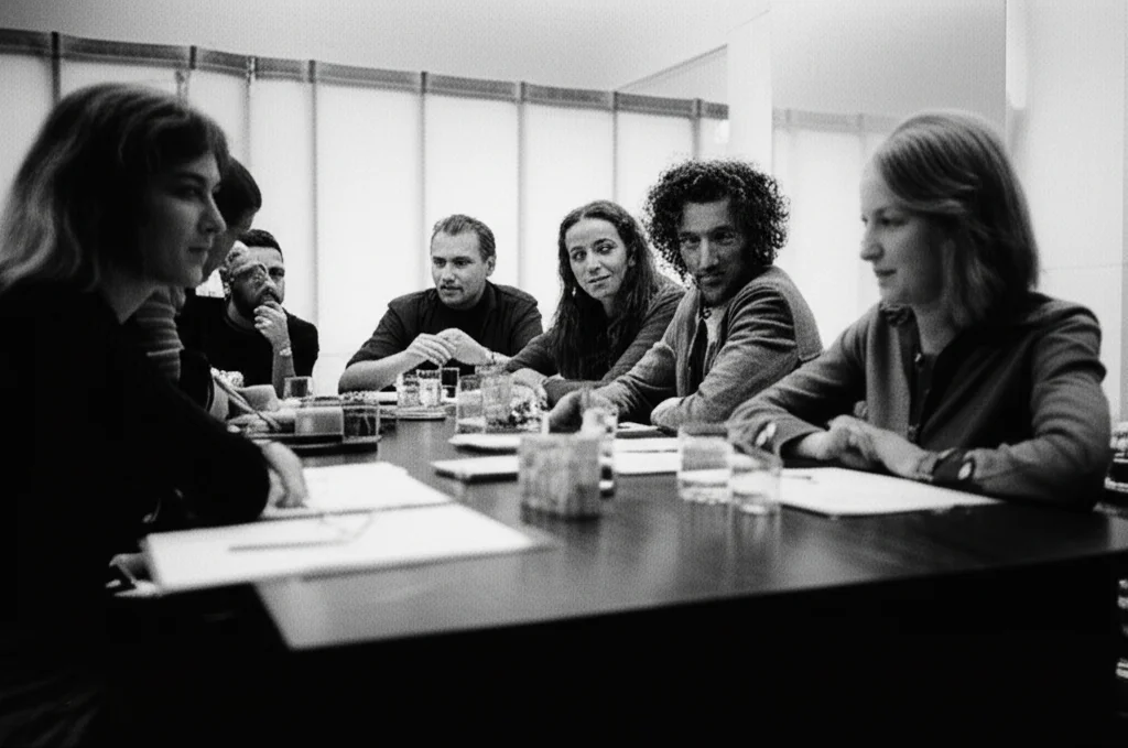 Gruppo di persone diverse che interagiscono e discutono animatamente attorno a un tavolo, visto da una prospettiva leggermente esterna. Fotografia sociale, obiettivo 24mm, bianco e nero cinematografico (film noir), che cattura espressioni e linguaggio del corpo suggerendo deliberazione condivisa e riconoscimento reciproco, ma con un'ombra di incertezza sulla conoscenza della libertà altrui.