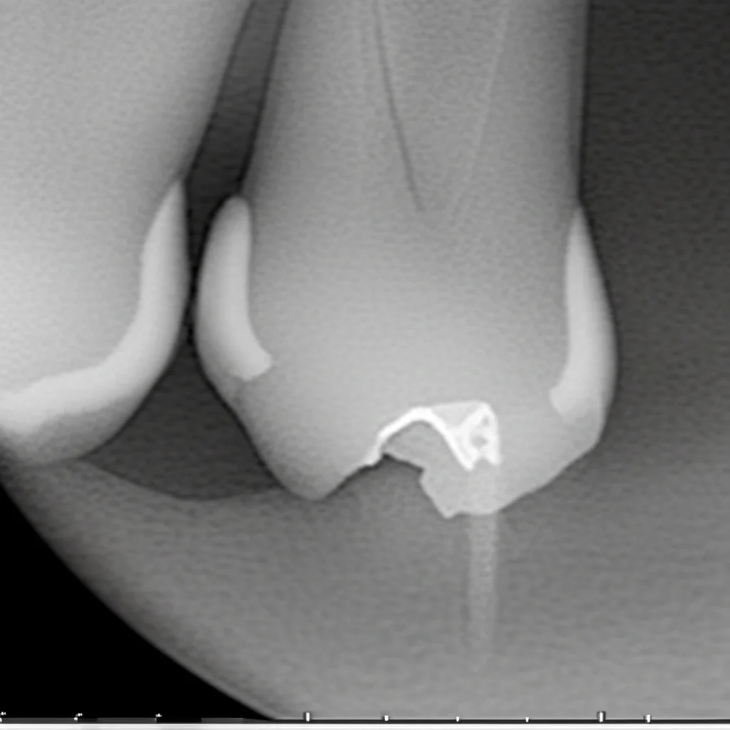 Immagine macro di un incisivo mascellare con una lesione periapicale evidente alla radice, visualizzata tramite una scansione CBCT 3D, illuminazione clinica, alta definizione, focus preciso sulla struttura ossea e radicolare.
