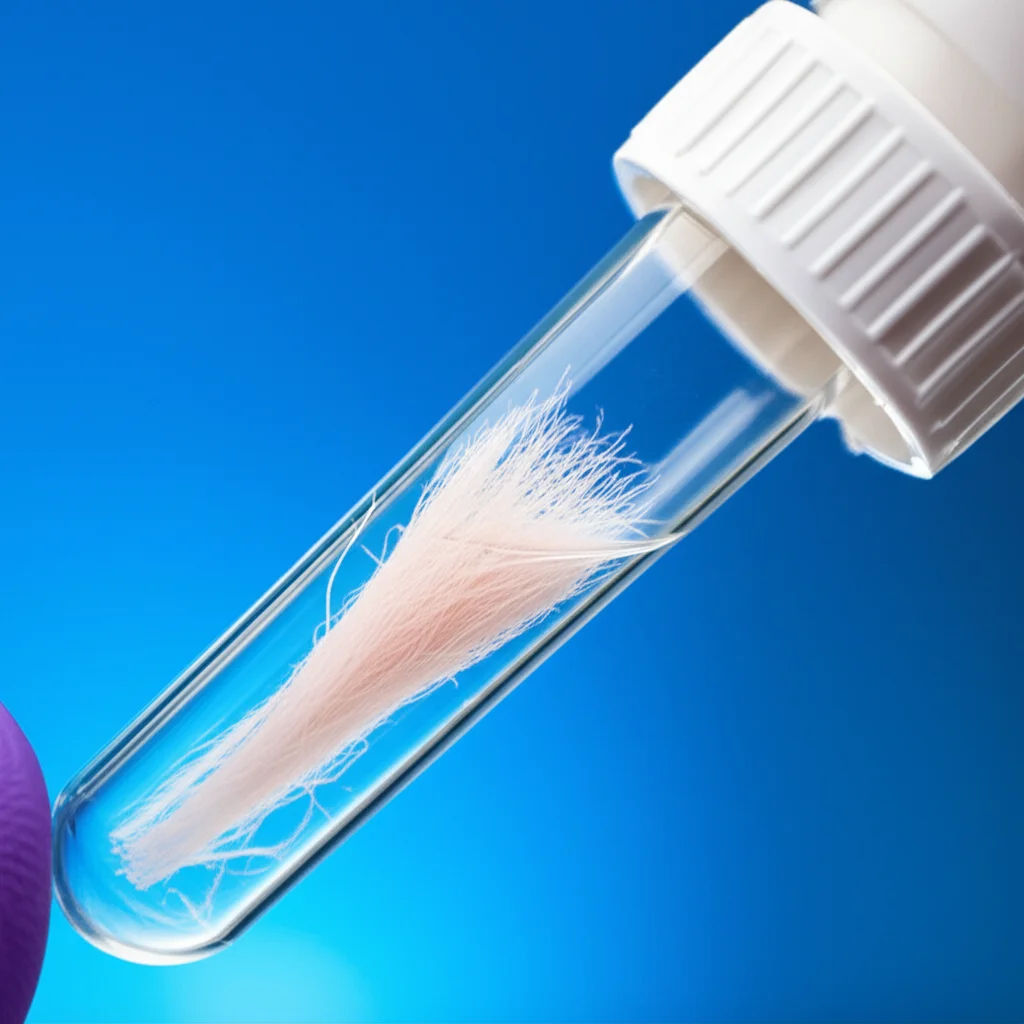 Fotografia still life di una provetta appena uscita dalla centrifuga che mostra chiaramente i tre strati del sangue separati: plasma in alto, lo strato giallo-denso di PRF al centro, e i globuli rossi sul fondo. Lente macro 100mm, illuminazione da laboratorio brillante e controllata, alta definizione dei dettagli della fibrina.